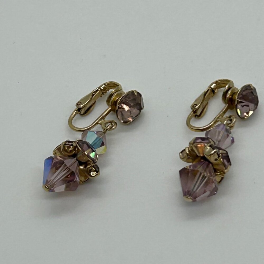 Vintage Aurora Borealis Dangle Earrings Crystal Pink Iridescent Faceted Goldtone - Picture 14 of 15